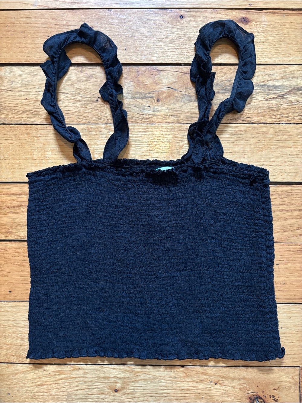 aerie Black Smocked Crop Tank with Ruffle Straps